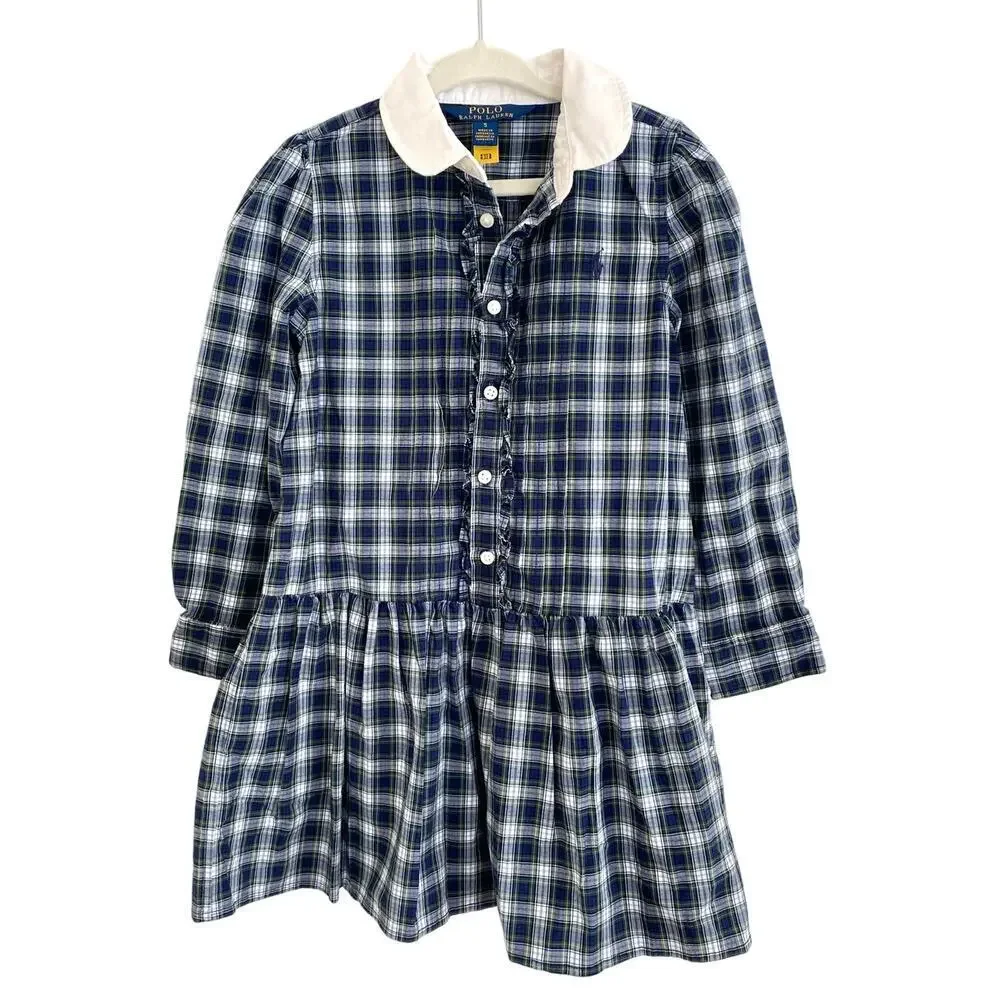 POLO Ralph Lauren Girls Navy Blue Green Plaid Stretch Poplin Shirt Button Dress